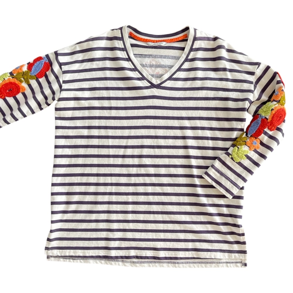 JOHN MARK Navy Blue White Stripe V Neck Oversized Pullover Crochet Top SMALL